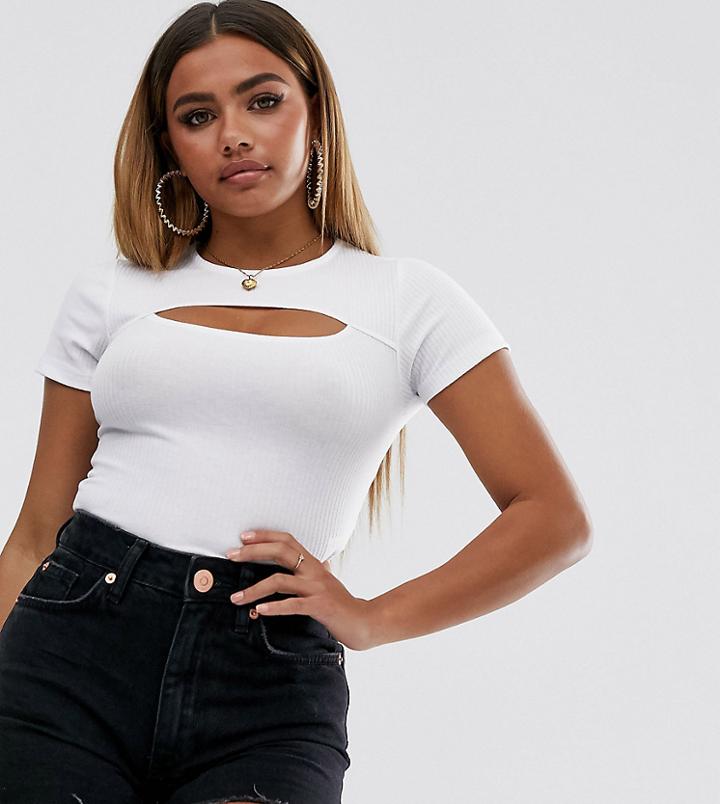 Asos Design Petite Top In Rib With Cutout Detail In White - White