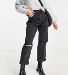 Asos Design Petite High Waist 'slouchy' Mom Jeans In Washed Black With Rips