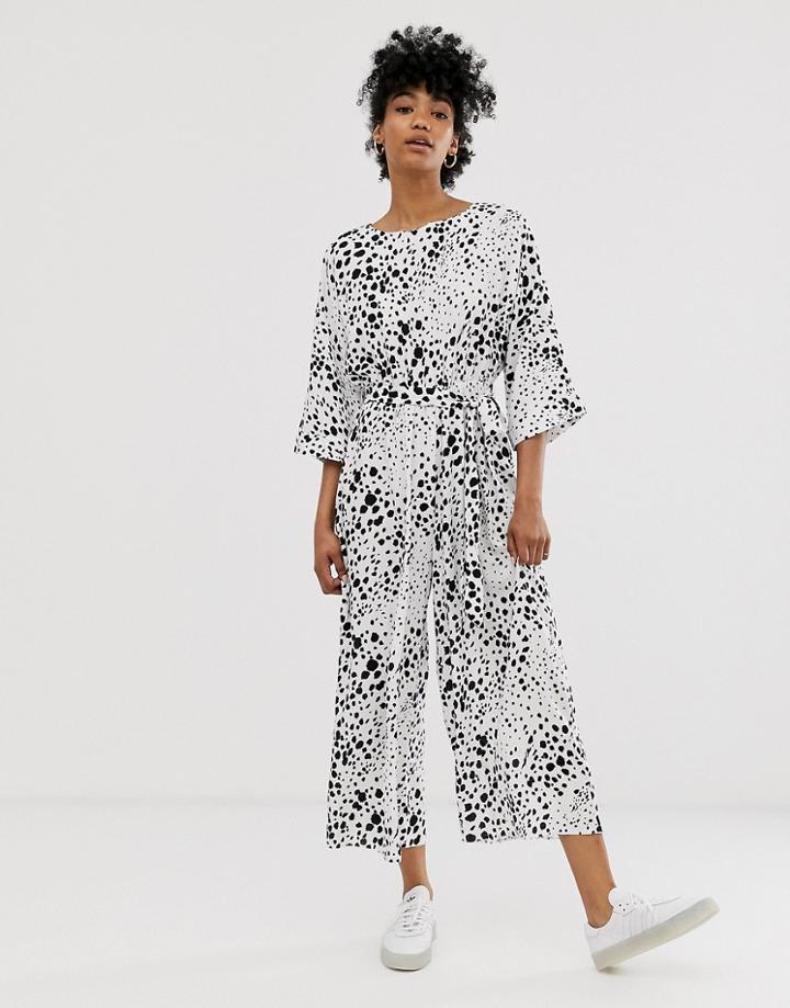 Asos Design Tie Waist Jumpsuit In Mono Abstract Polka Dot - Multi