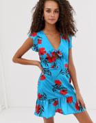 Parisian Tie Front Tea Dress In Poppy Print-blue