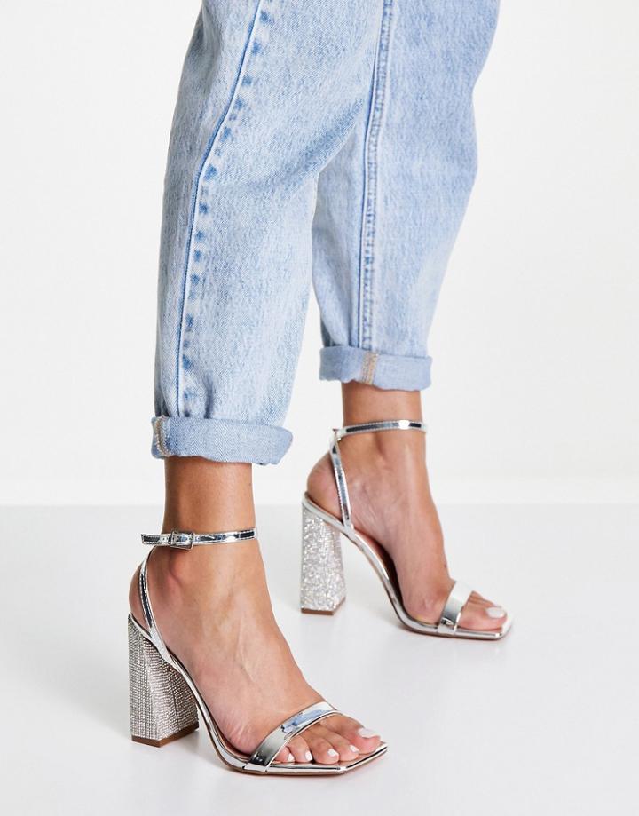 Asos Design Nora Embellished Block Heel Barely There Heeled Sandals In Silver