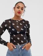 Daisy Street Mesh Long Sleeve Top In Ying And Yang Print-black