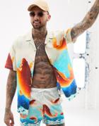 Asos Design Oversized Shirt With Fish Print-blue