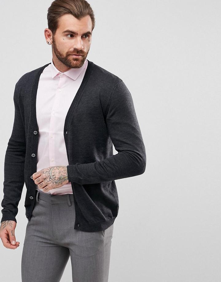 Asos Merino Wool Cardigan In Charcoal - Gray