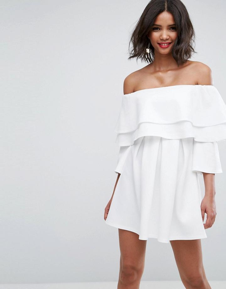 Asos Long Sleeve Double Ruffle Skater Mini Dress - Cream