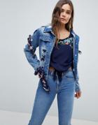 Qed London Denim Jacket With Lace Up Detail - Blue
