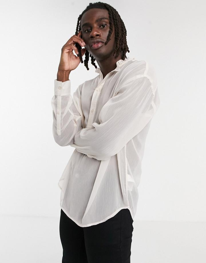 Asos Design Oversized Chiffon Overhead Shirt With Ruffle Neck-white