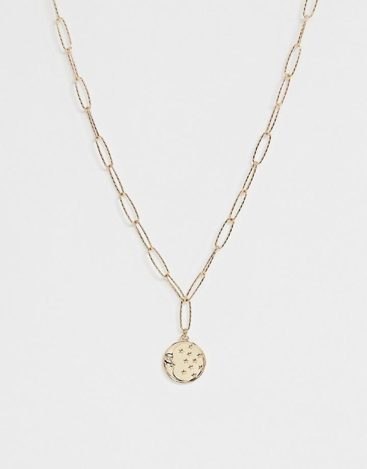 Asos Design Necklace With Hammered Chain And Celestial Coin Pendant In Gold Tone - Gold