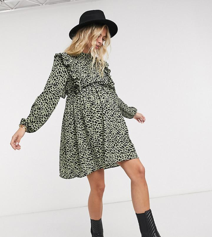 Pieces Maternity Mini Skater Dress With Ruffle Detail In Leopard Print-multi