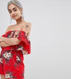 Parisian Petite Off Shoulder Floral Romper - Red