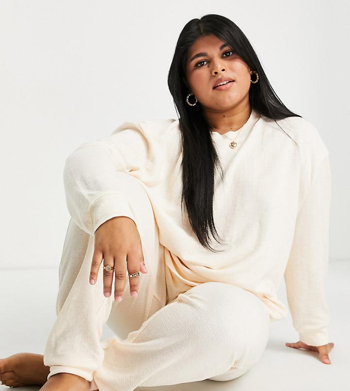 Asos Design Curve Lounge Lightweight Slubby Sweat & Sweatpants Set In Oatmeal-neutral