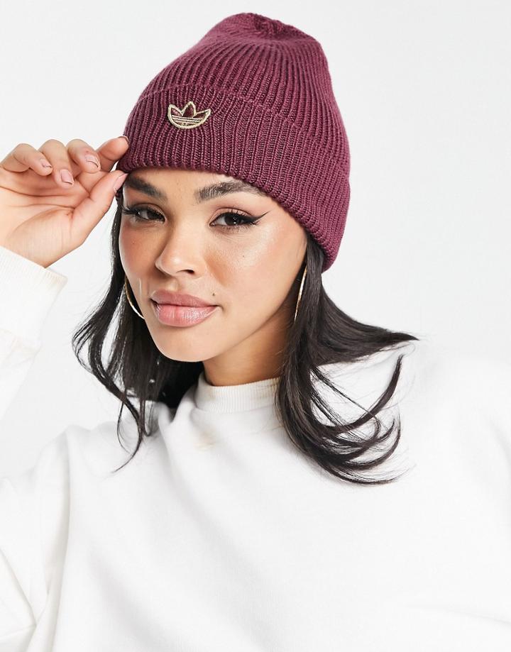 Adidas Originals Gold Logo Beanie In Crimson-red
