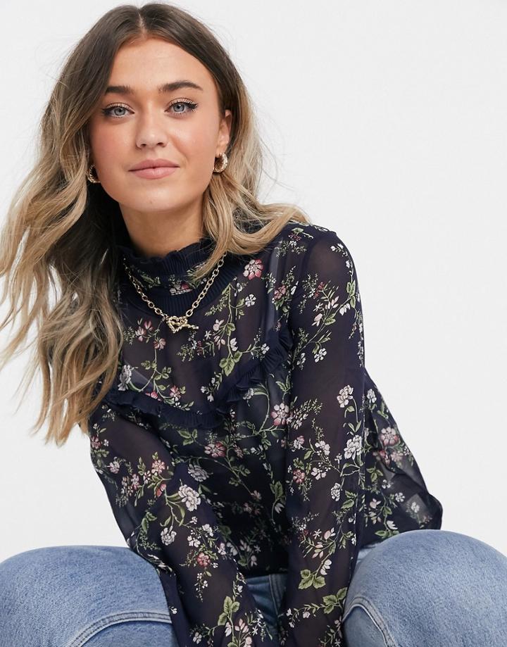 Brave Soul High Neck Frill Detail Blouse In Navy Floral Print