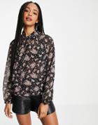 Object Gitte Tie Neck Floral Blouse In Black