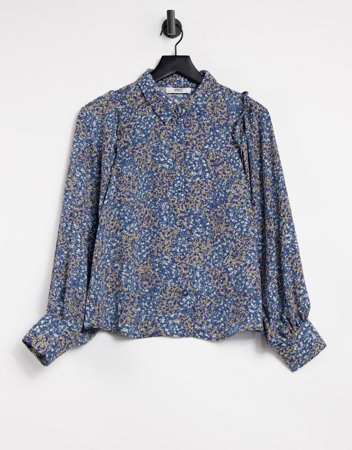Only Shirt With Frill Detail And Volume Sleeve In Blue Floral-multi