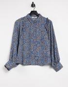 Only Shirt With Frill Detail And Volume Sleeve In Blue Floral-multi