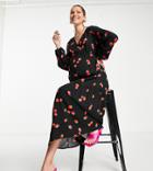 Nobody's Child Maternity Long Sleeve Tiered Tea Dress In Black Strawberry Print