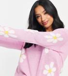 Pieces Daisy Print Sweater In Pink