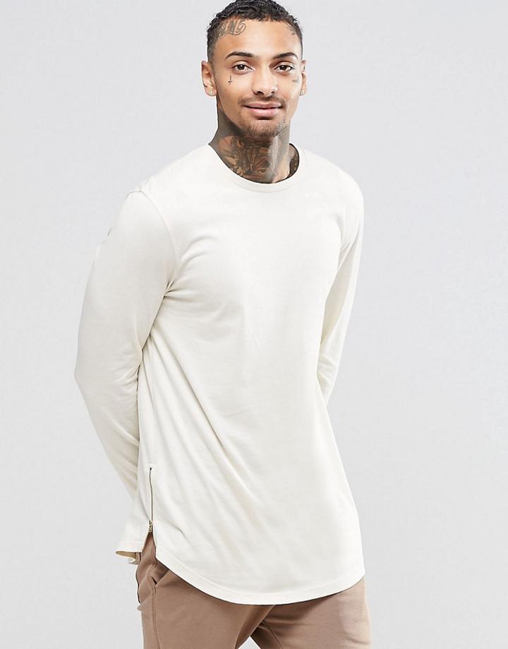 Asos Relaxed Longline Long Sleeve T-shirt With Curve Hem And Hem Zips In Off White - Off White