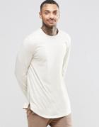 Asos Relaxed Longline Long Sleeve T-shirt With Curve Hem And Hem Zips In Off White - Off White
