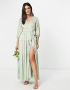 Y.a.s Bridesmaid Maxi Dress With Cut Out Back And Wrap Front In Sage Green-blues