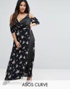 Asos Curve Wrap Front Maxi Dress With Cold Shoulder In Mixed Prints - Multi