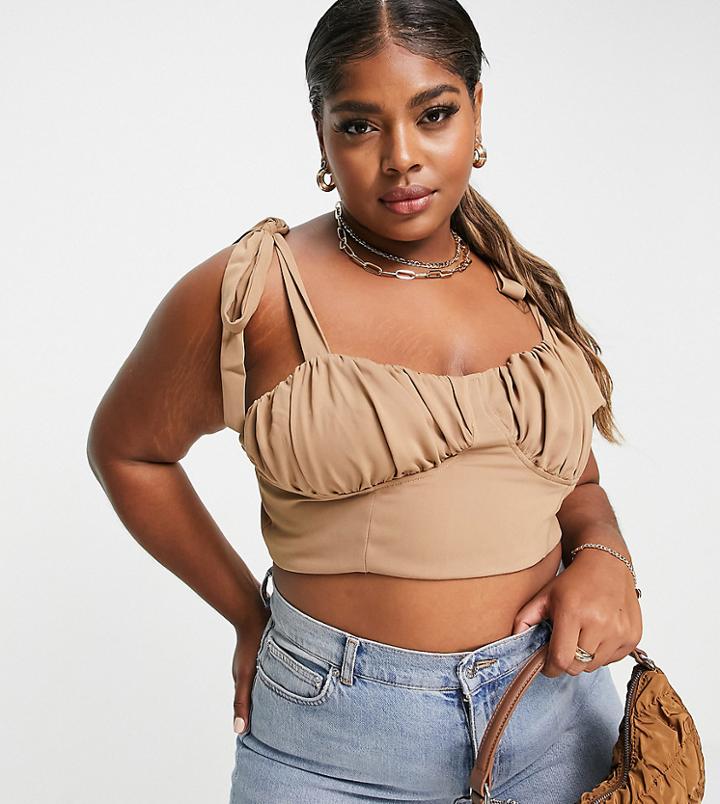 Flounce London Plus Tie Strap Crop Top With Cupping Detail In Mocha-white