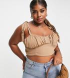 Flounce London Plus Tie Strap Crop Top With Cupping Detail In Mocha-white