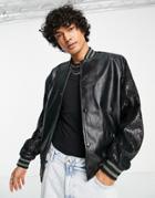 Asos Design Pu Faux Leather Party Bomber Jacket With Sequin Sleeve Details In Black