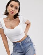 Asos Design Sweetheart Neck Top With Mesh Cap Sleeve-white
