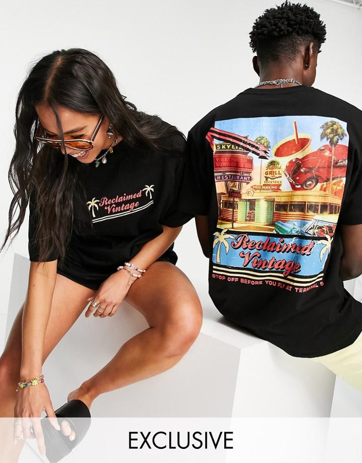 Reclaimed Vintage Inspired Unisex Relaxed Organic T-shirt With Retro Back Print In Black