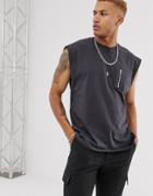 Asos Design Oversized Sleeveless T-shirt With Utility Pocket In Washed Black-gray