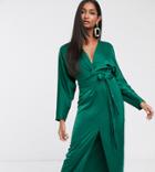 Asos Design Maxi Dress With Batwing Sleeve And Wrap Waist In Satin-green