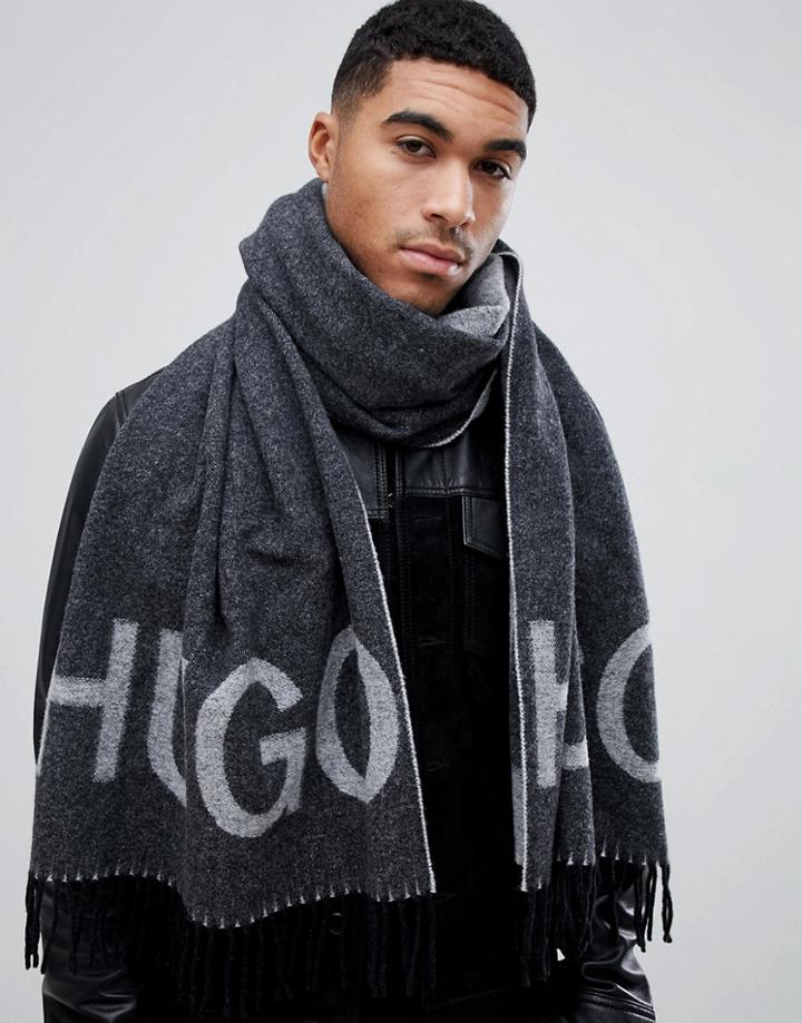 Hugo Large Logo Wool Mix Scarf In Gray - Gray