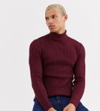 Asos Design Tall Muscle Fit Lightweight Cable Roll Neck Sweater In Burgundy-red