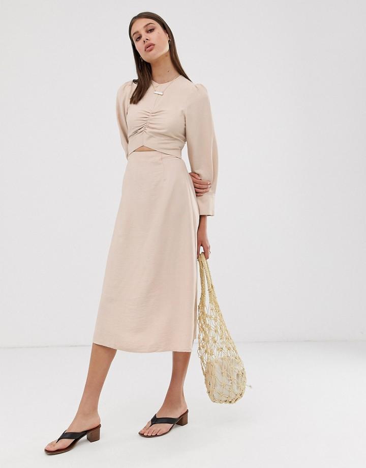 Asos White Long Sleeve Midi Dress With Cut Out Detail-multi