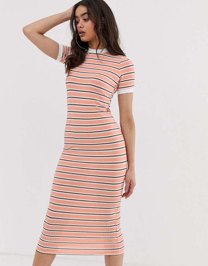 Boohoo Exclusive Ribbed Midi Dress With Short Sleeves In Pink Stripe - Multi