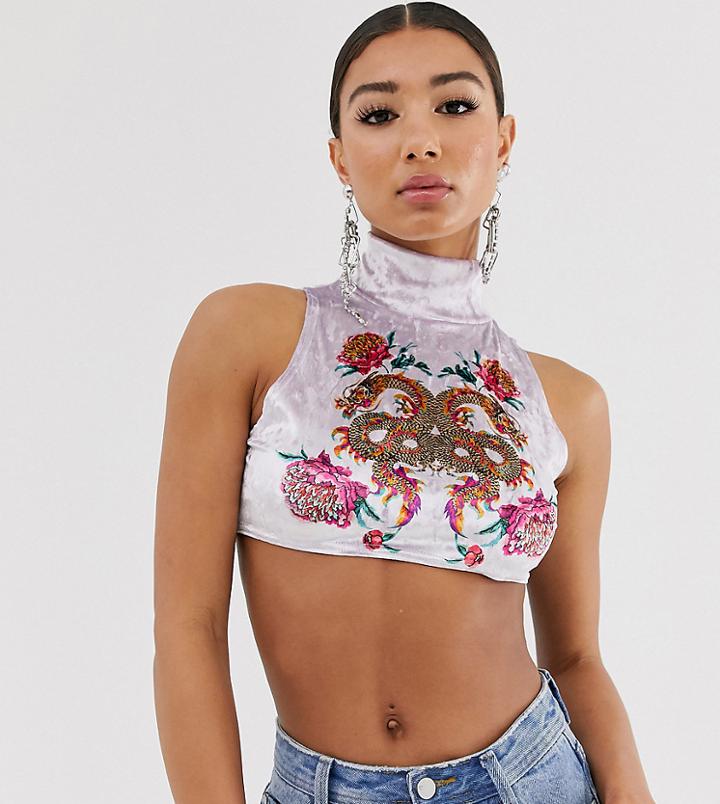 Rokoko Velvet Crop Top With Dragon Graphic - Purple