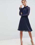 Elise Ryan High Neck Dress With Lace Sleeves - Navy
