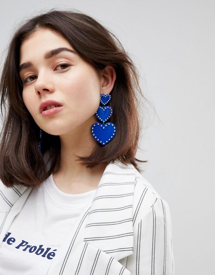 Stradivarius Triple Heart Drop Statement Earrings - Blue