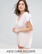 Asos Curve Exclusive V Neck T-shirt With Tie Sleeve - Pink