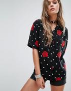 Motel Hawaiian Style Shirt In Floral Polka Dot - Black