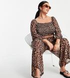 Simply Be Beach Shirred Balloon Sleeve Top And Pants Set In Animal Print-multi