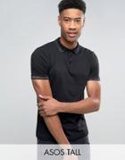 Asos Tall Polo Shirt With Metallic Tipped Collar - Black