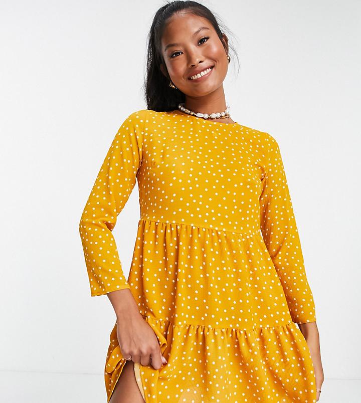 Asos Design Petite Long Sleeve Tiered Smock Mini Dress In Mustard Spot-multi