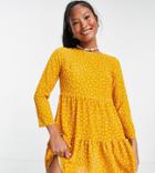 Asos Design Petite Long Sleeve Tiered Smock Mini Dress In Mustard Spot-multi