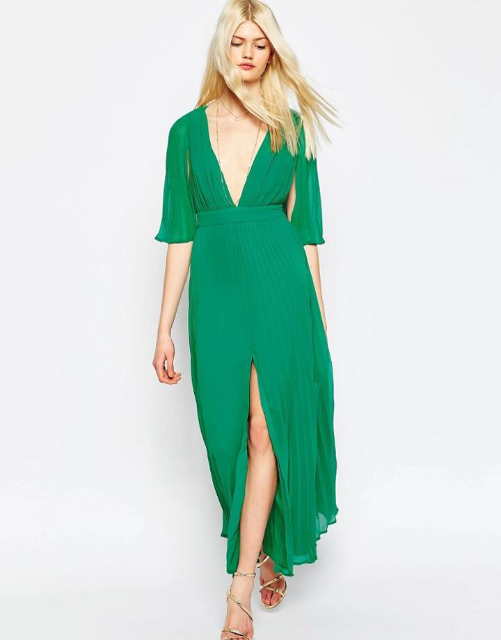 Asos Pleated Flutter Sleeve Maxi Dress - Nude