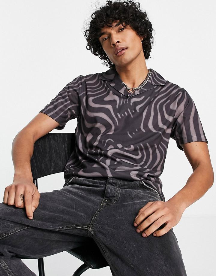 Asos Design Polo T-shirt In Brown Swirl Print With Revere Collar-neutral