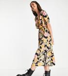 New Look Tall Wrap Midi Dress In Retro Floral Print-black