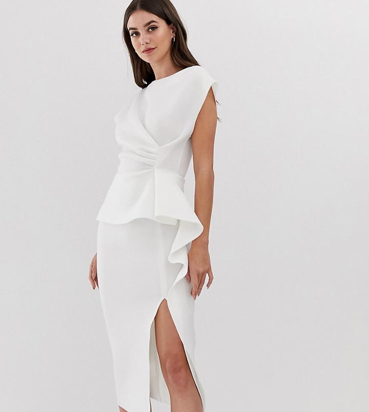 Asos Design Tall Peplum Pencil Midi Dress With Tuck Detail-white